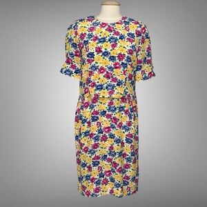 VTG 80s Leslie Fay Women Dress 12P Colorful Floral Classic Feminine Occasion